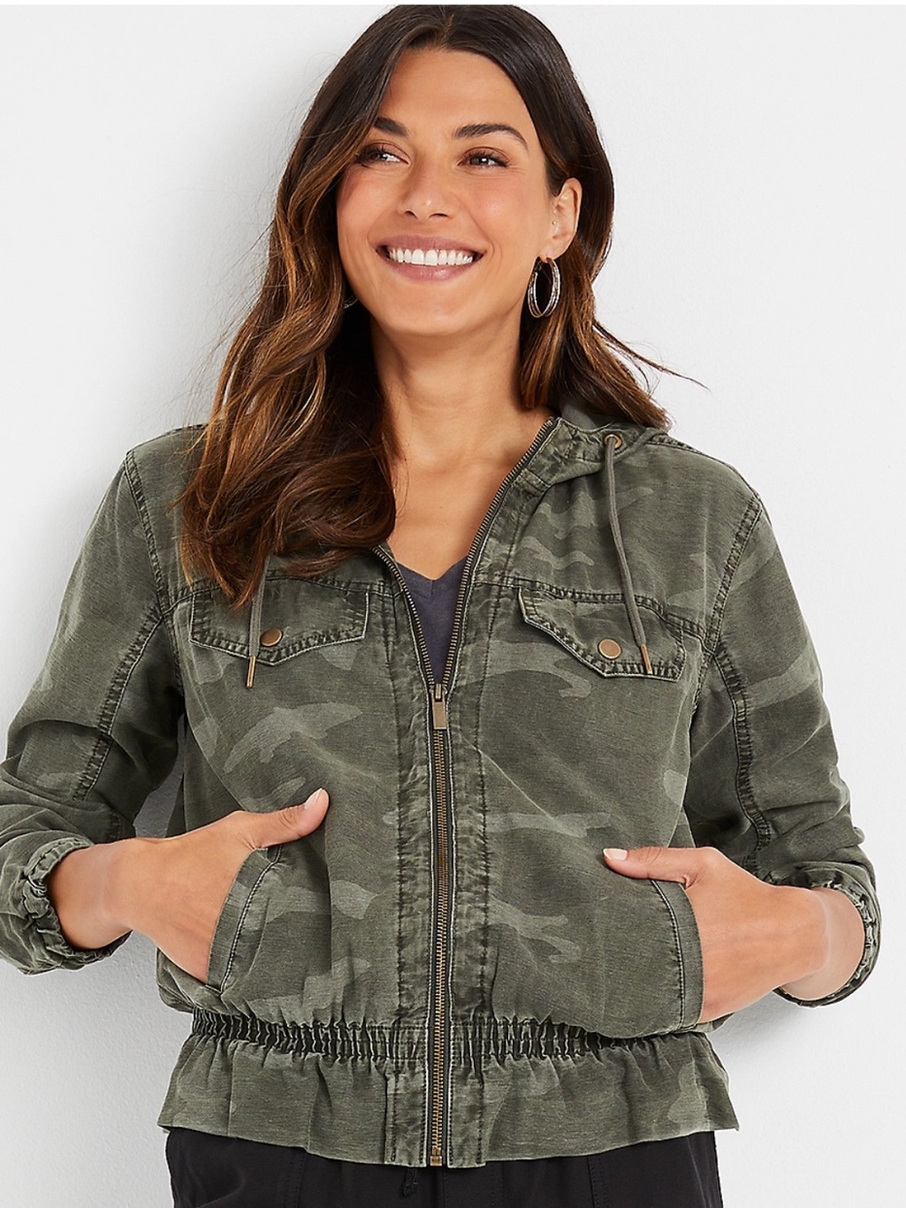 Maurice’s Women's Olive Camo Zip-Front Utility Jacket Smock Waist Sz L | EUC